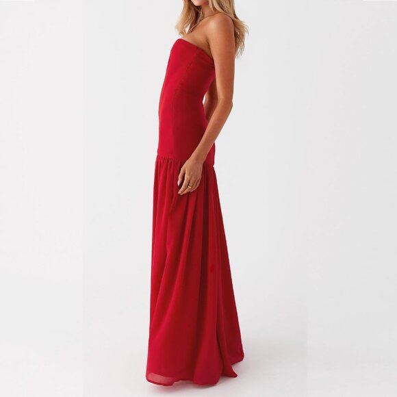 Women Strapless Tube Top Tiger Stripe Red Maxi Dress Sexy High Slit Party Dress - Picture 4 of 6